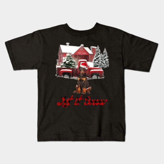 Doberman Let It Snow Tree Farm Red Truck Christmas Kids T-Shirt by cyberpunk art